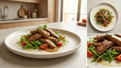 Straccetti di manzo in padella con cremina al brodo, rucola e pomodorini